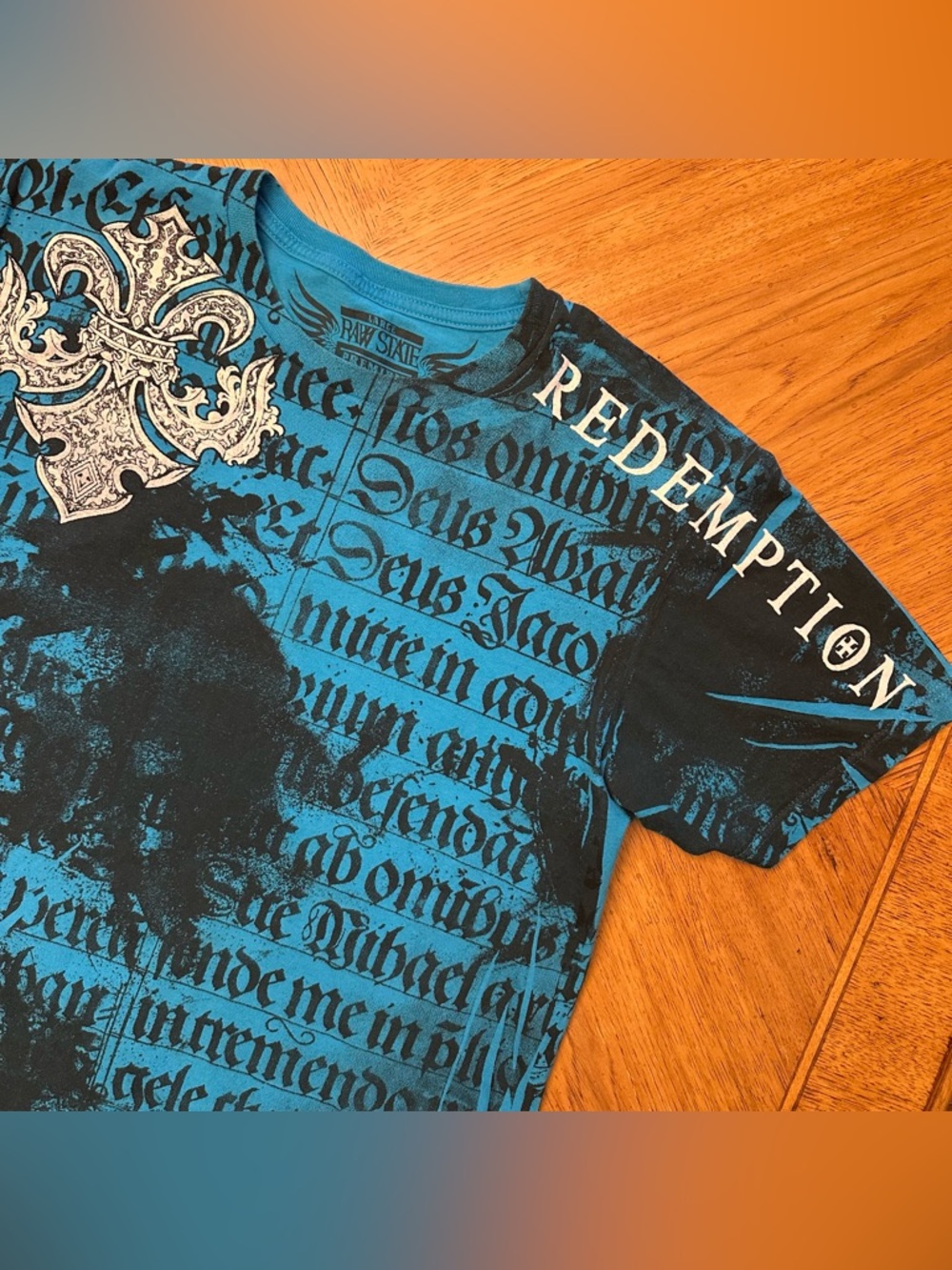 Raw State Premium Redemption Shirt Size Large Blue Y2K Wings Cross AOP All Over